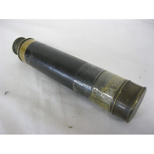 119 - A vintage brass 3-draw telescope, leather covered, with end cap and sliding lens protector to eyepie... 