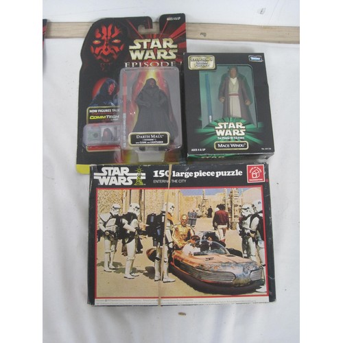 116 - Nine boxed Star Wars figures and a 150 piece jigsaw puzzle. Boxes have light a/f storage. Hasbro Que... 