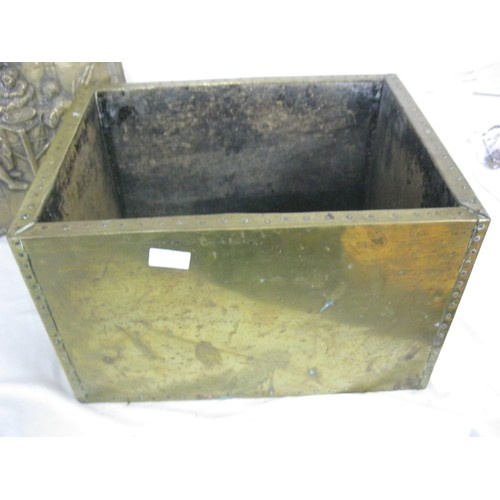 129 - A brass covered firescreen and a brass bound log or ash box, the pair in good order