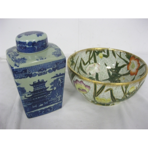 202 - A pair of Oriental style 19th century pieces of porcelain: one a blue & white lidded pot, the other ... 