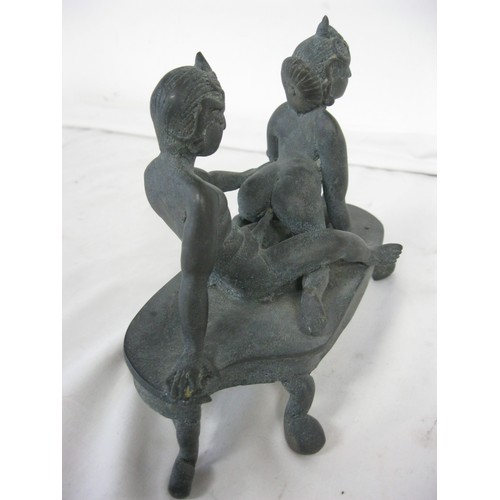 25 - A cast bronze Hindu erotic figure featuring a couple copulating, explicit, likely late 19th or early... 