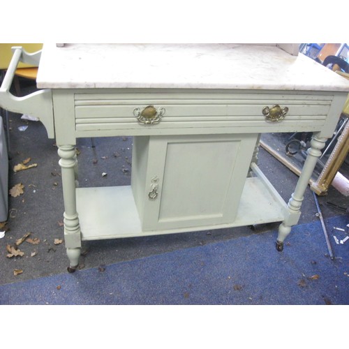 23 - An antique wash stand with marble top, drawer and cupboard under, shabby chic green painted finish, ... 