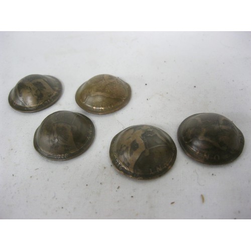 63 - A set of five WW1 British army Brodie helmets made from English copper pennies, each coin dated for ... 