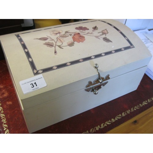 31 - Assorted costume jewellery contained in a domed jewellery box (a/f lid detached). Includes a Miracle... 