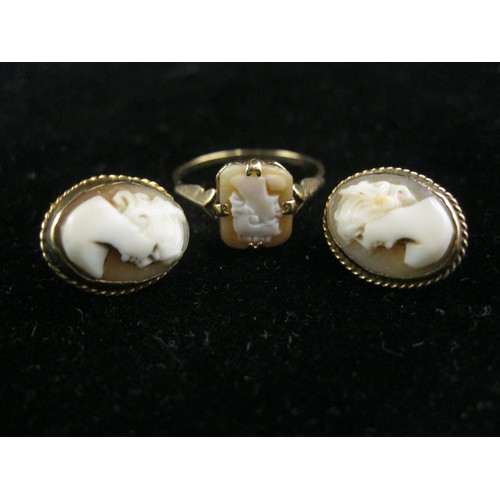 36 - A gold dress ring set with rectangular cameo of woman's head, matched with a pair of oval cameo earr... 