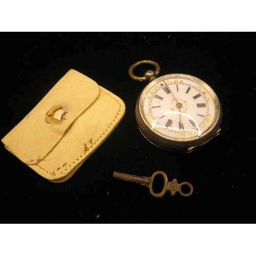 51 - A 935 foreign silver ladies open face pocket watch, enamel dial with gilding and set with two small ... 