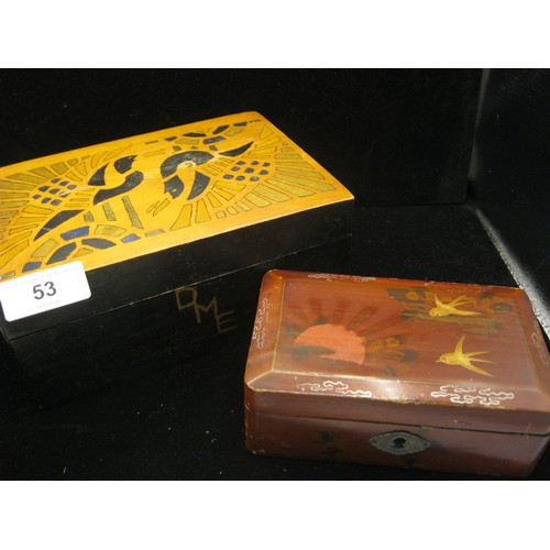 53 - Two far eastern lacquer trinket boxes, and a stained wood trinket or jewellery box