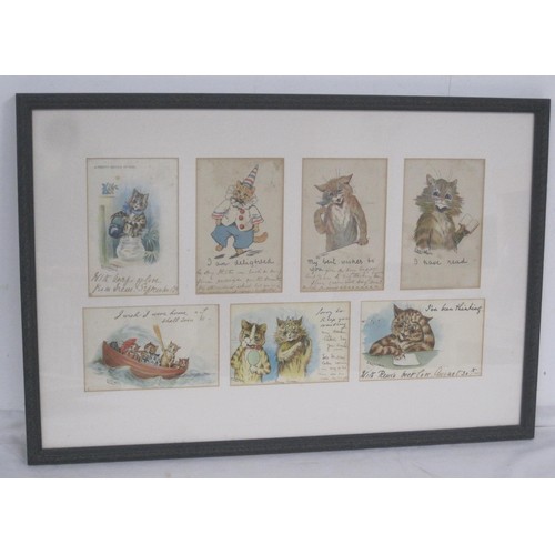 6 - A framed group of seven Louis Wain cat postcards. The postcards are captioned 'A Pretty kettle of fi... 