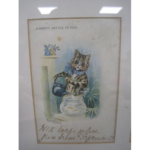 6 - A framed group of seven Louis Wain cat postcards. The postcards are captioned 'A Pretty kettle of fi... 