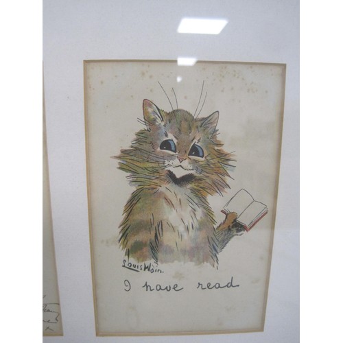 6 - A framed group of seven Louis Wain cat postcards. The postcards are captioned 'A Pretty kettle of fi... 