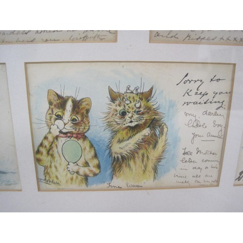 6 - A framed group of seven Louis Wain cat postcards. The postcards are captioned 'A Pretty kettle of fi... 