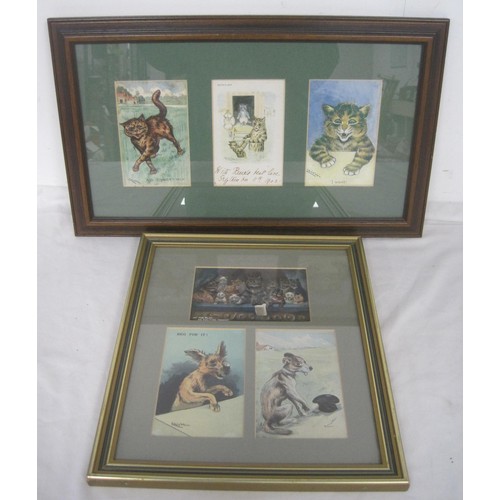 7 - Two framed groups of Louis Wain cat and dog postcards, each containing three postcards. Cards are ca... 