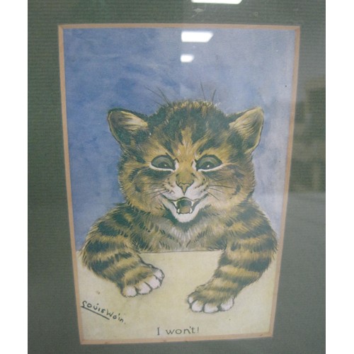 7 - Two framed groups of Louis Wain cat and dog postcards, each containing three postcards. Cards are ca... 