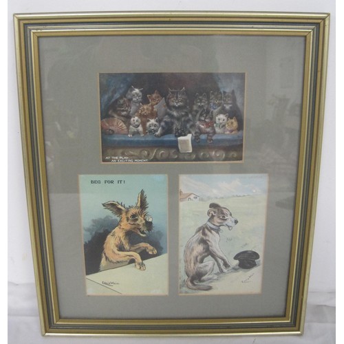 7 - Two framed groups of Louis Wain cat and dog postcards, each containing three postcards. Cards are ca... 