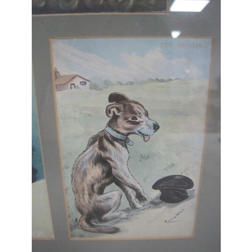 7 - Two framed groups of Louis Wain cat and dog postcards, each containing three postcards. Cards are ca... 