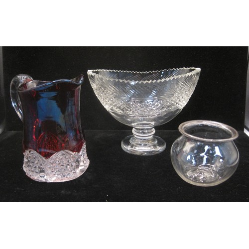 21 - Three items of antique glass - a cut glass sweetmeats dish, a small dimpled bowl, and a small ruby o... 