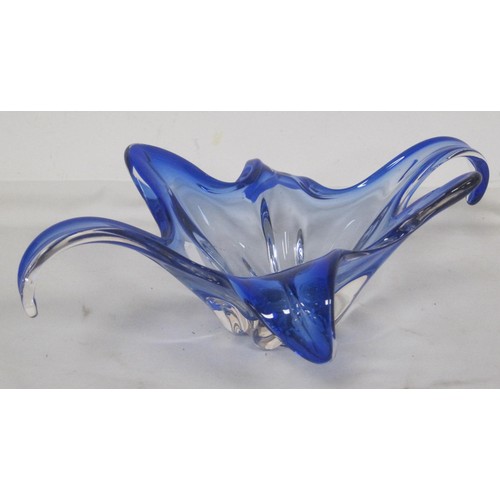 25 - An Italian glass amaryllis table ornament, a continental blue glass bowl of extruded foliate form, a... 