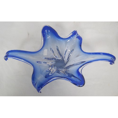 25 - An Italian glass amaryllis table ornament, a continental blue glass bowl of extruded foliate form, a... 