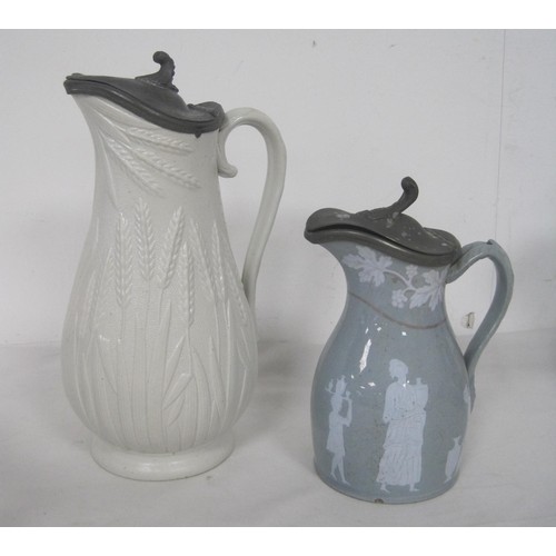 29 - A James dixon lidded T R boote jug circa 1880 along with another Victorian jug with ceramic lid ,two... 