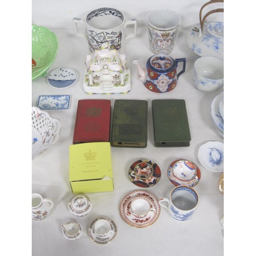 26 - A mixed box of China and porcelain items to include Miniature cups and saucers, Carlton ware Lobster... 