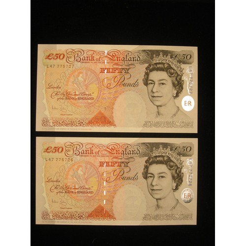 17 - 2 x Series E £50 notes, mint uncirculated condition, consecutive numbers, Bailey signature.