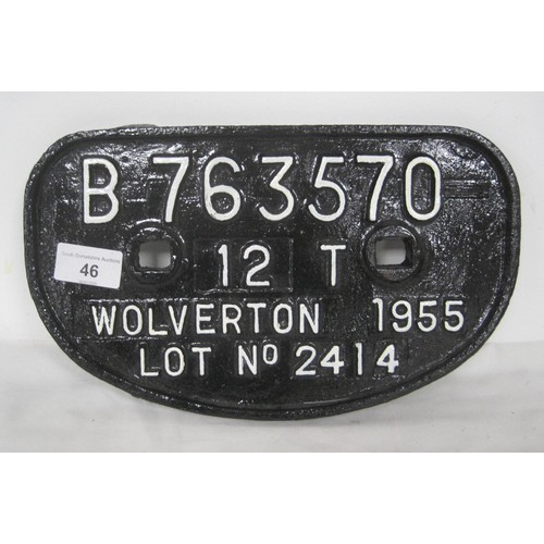 46 - Railway wagon plate 12ton Wolverton 1955 in good repainted condition