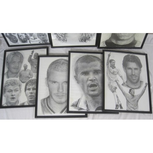 81 - A selection of 7 sketch-style framed and glazed caricatures/drawings of Manchester United stars incl... 