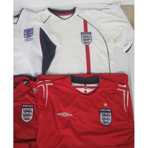 77 - 6 England shirts, all size L, 3 red, three white including Euro Championships 2004 shirt, all in goo... 