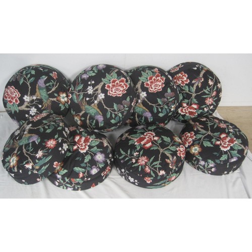 86 - A selection of round cushions in zip cases with Oriental pattern featuring birds and flowers to the ... 