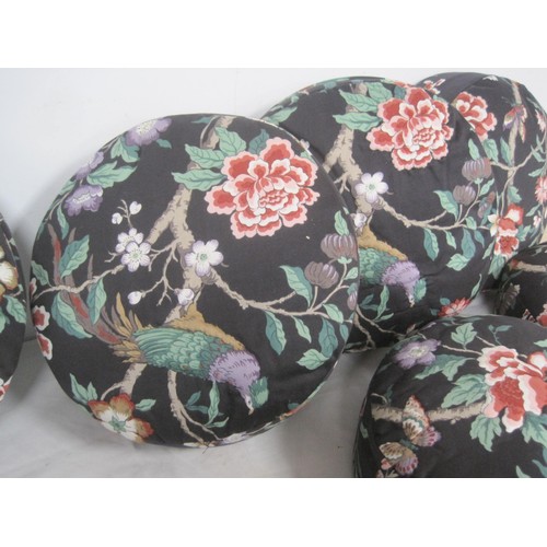 86 - A selection of round cushions in zip cases with Oriental pattern featuring birds and flowers to the ... 