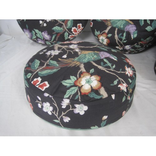 86 - A selection of round cushions in zip cases with Oriental pattern featuring birds and flowers to the ... 