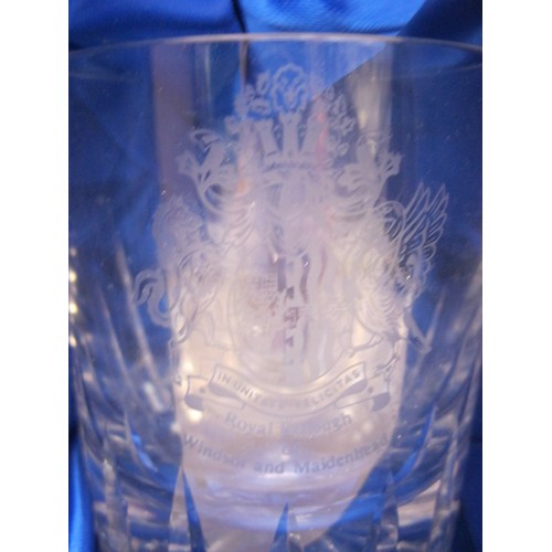 110 - Commemorative glass drinking vessels, all with original boxes - pair of Royal Doulton tumblers engra... 