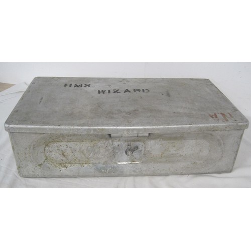 98 - A 1950s dated naval ammunition case, the top marked for HMS Wizard