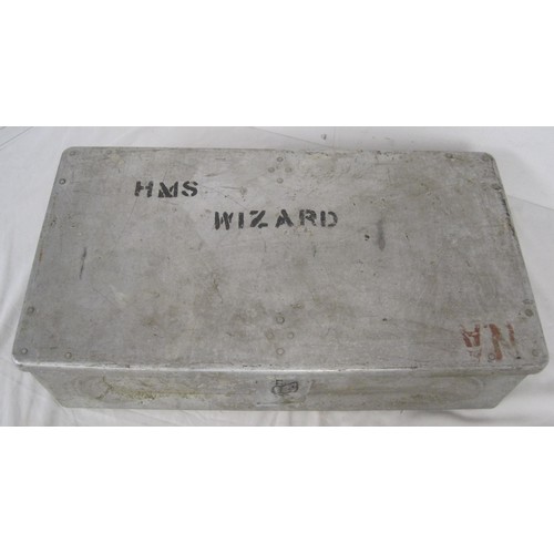 98 - A 1950s dated naval ammunition case, the top marked for HMS Wizard