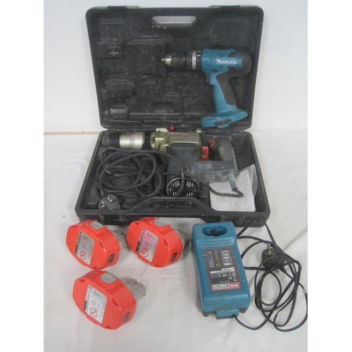 108 - A Protool SDS drill in case, mains powered, plus a Makita cordless drill with charger and 3 batterie... 