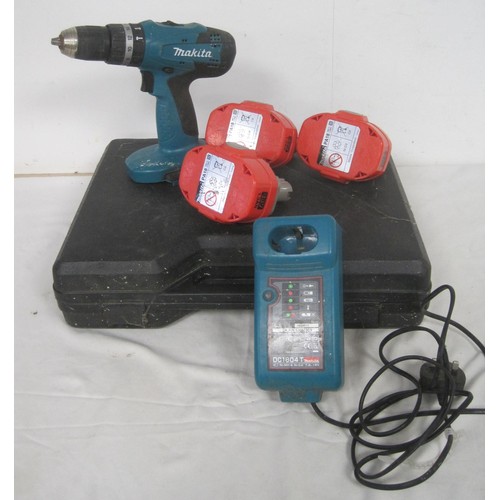 108 - A Protool SDS drill in case, mains powered, plus a Makita cordless drill with charger and 3 batterie... 