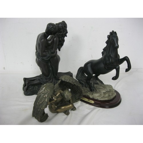 126 - 3 contemporary figures with bronzed finish, a couple, a man with angel's wings and horse