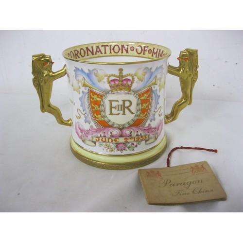 130 - A Paragon Queen Elizabeth II Coronation Loving Cup with tag, in good order