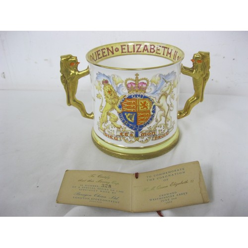 130 - A Paragon Queen Elizabeth II Coronation Loving Cup with tag, in good order