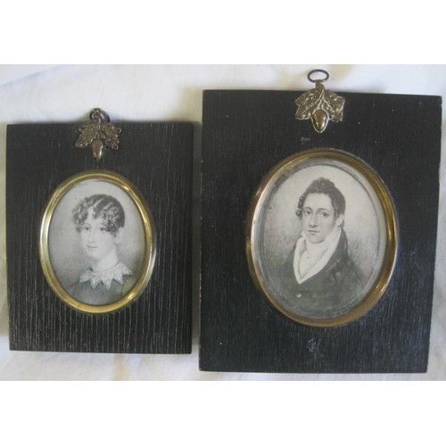 32 - Two grisaille portrait miniatures, a lady and a gentleman, labelled respectively Eliza Bygott and Wi... 