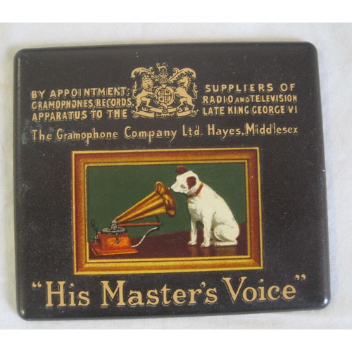 25 - A vintage His Master's Voice plaque (about 68mm x 76mm), a leather stud box with assorted studs and ... 