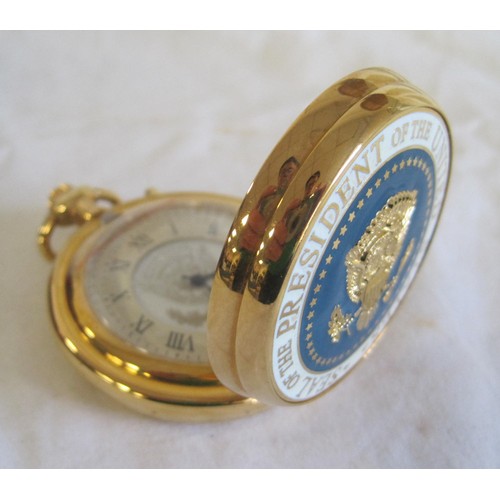 20 - American theme watches and travel clock. (1) Quartz pocket watch decorated with the Presidential sea... 