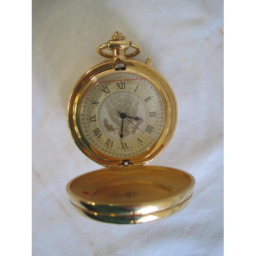 20 - American theme watches and travel clock. (1) Quartz pocket watch decorated with the Presidential sea... 