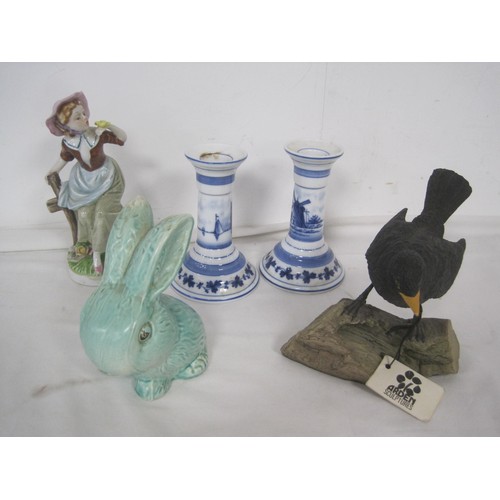 38 - Arden sculptures Blackbird about 5 inches tall along with two ceramic candle sticks, Glass dressing ... 