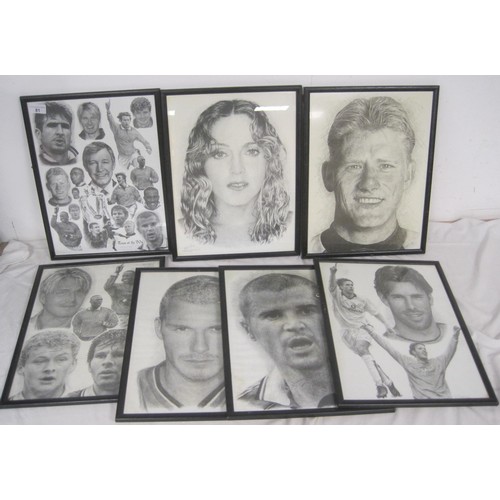 10 - A selection of 7 sketch-style framed and glazed caricatures/drawings of Manchester United stars incl... 