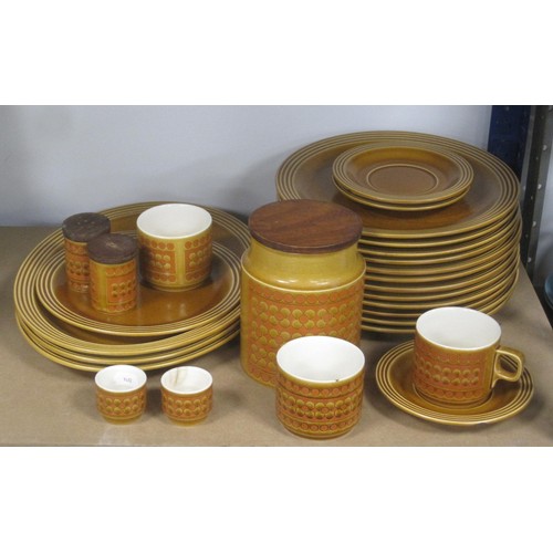 33 - Collection of Hornsea Saffron, platters, dinner plates, eggcups, storage jar, salt and pepper etc. (... 