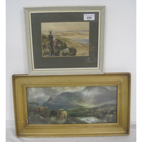 42 - A watercolour 'Norton Gap' signed N A Moscrop, and a print of cattle in mountain scenery, both frame... 