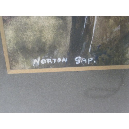 42 - A watercolour 'Norton Gap' signed N A Moscrop, and a print of cattle in mountain scenery, both frame... 