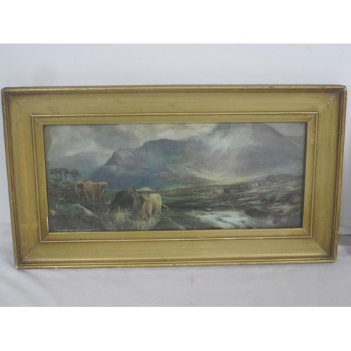 42 - A watercolour 'Norton Gap' signed N A Moscrop, and a print of cattle in mountain scenery, both frame... 