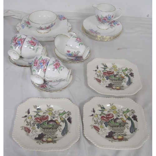 69 - Heathcote foliate china tea ware, and three Johnson Bros Birds of Paradise plates